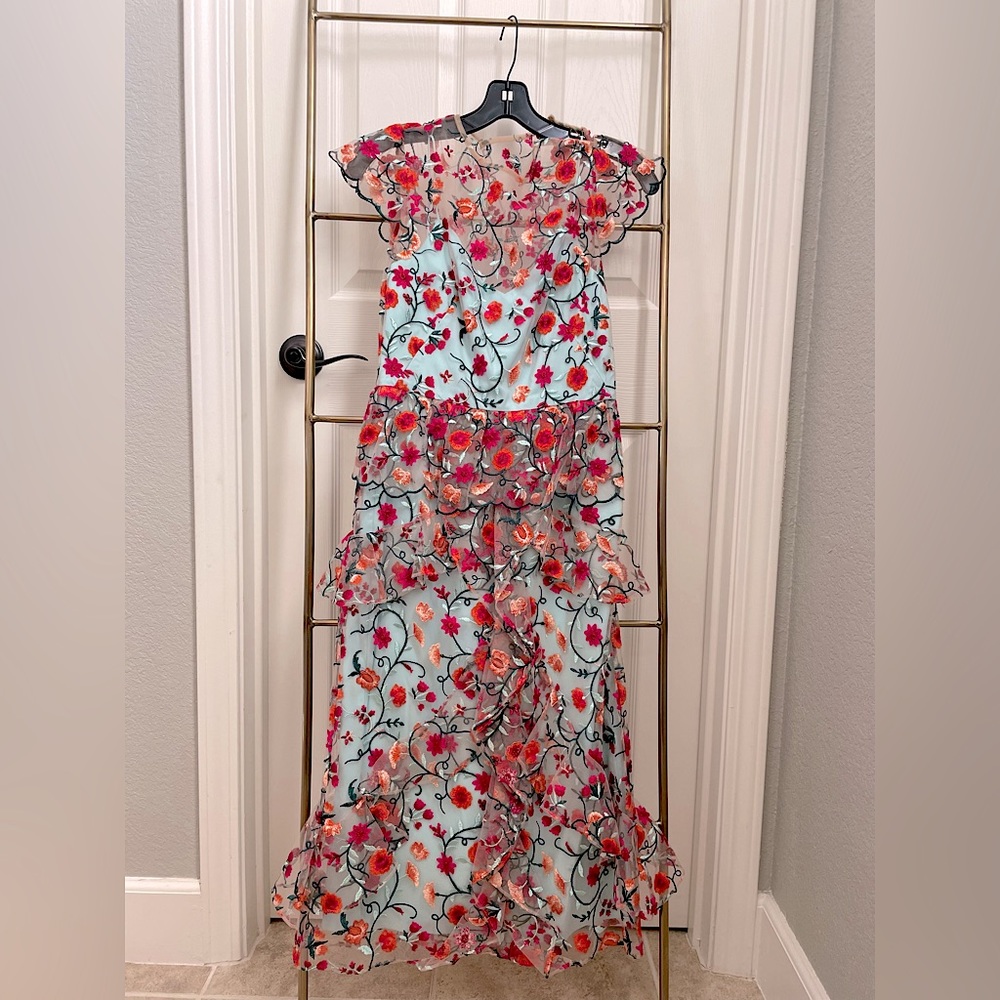 NWT Monique Lhullier Chiffon Floral Midi Dress | Size 0